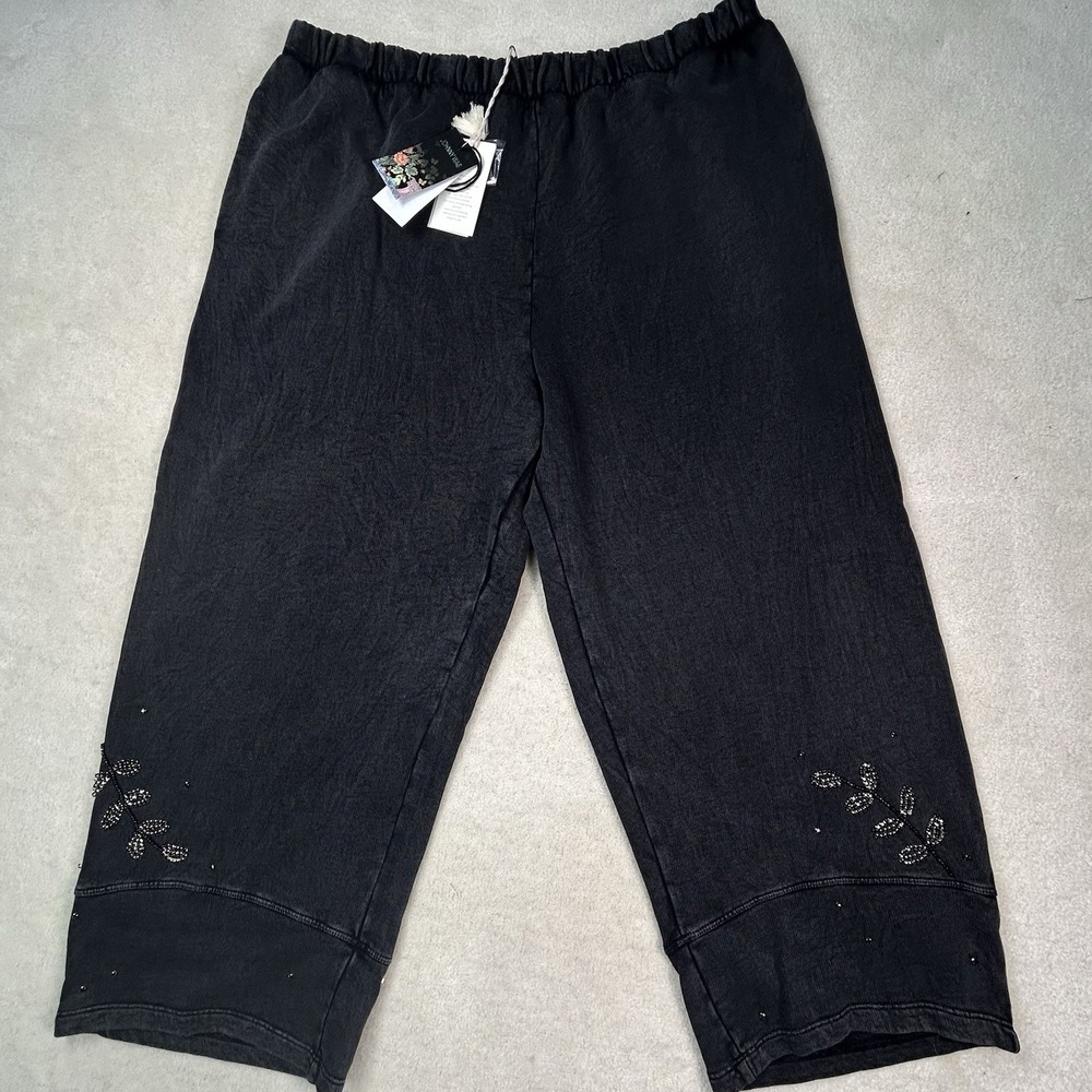 Johnny Was XXL Jeweled Barrel Leg French Terry Linen Sweatpants Boho Dark Gray